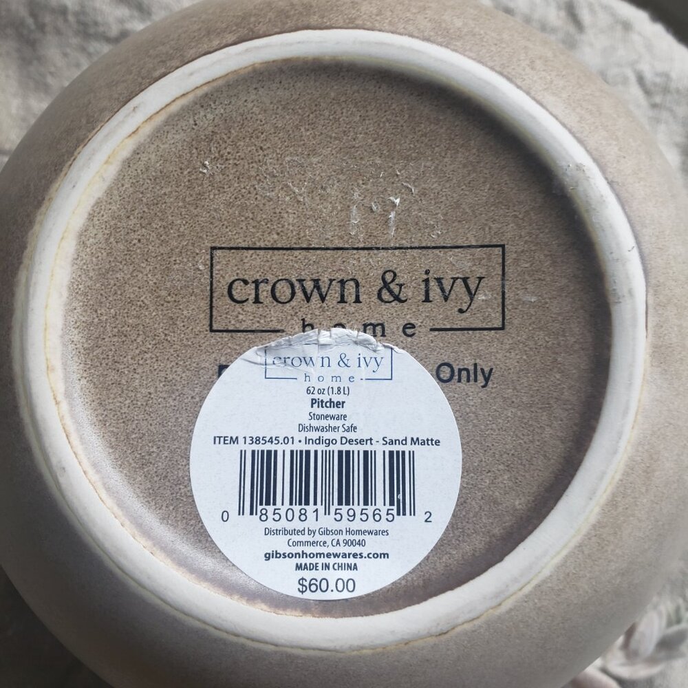 Crown & Ivy Home Stoneware Pitcher Indigo Desert - Sand Matte NWT - Picture 8 of 8